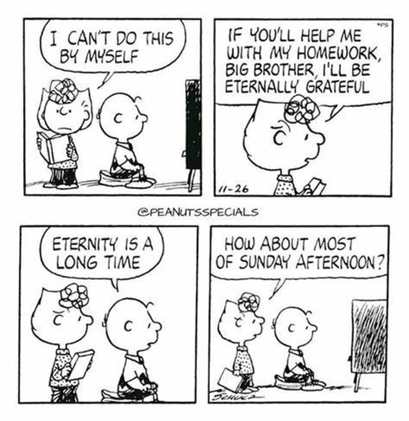 Tira de amendoim: Sally pedindo ajuda a Charlie Brown enquanto ele assiste TV.