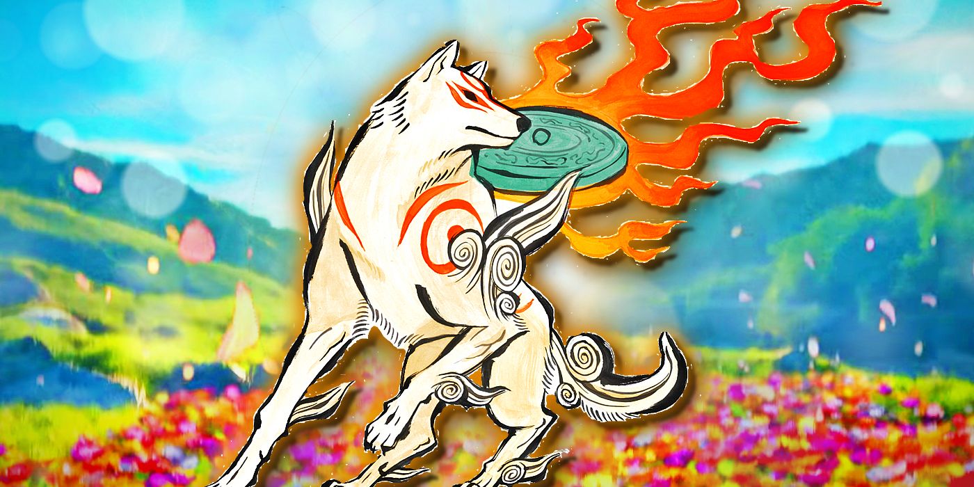 Amaterasu posa com o refletor de retribuição divina de Okami nas costas dela.