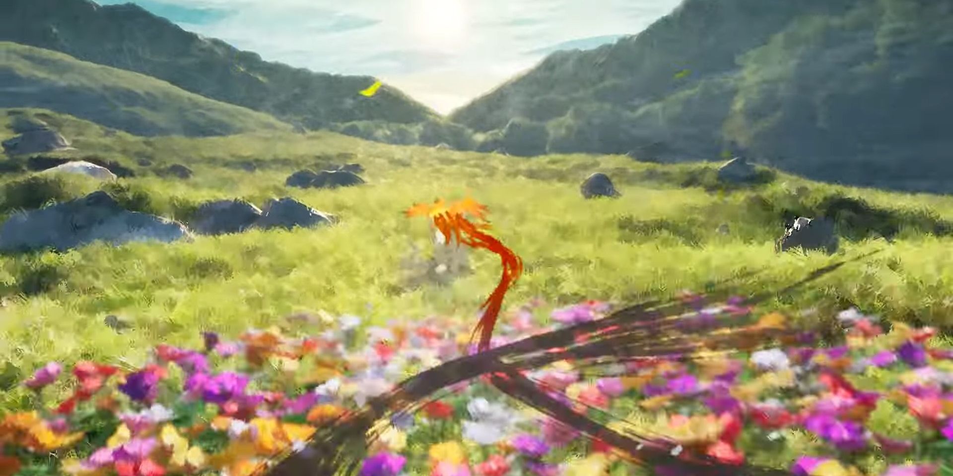 Flowers grow in a field after Okami&rsquo;s Amaterasu runs by.