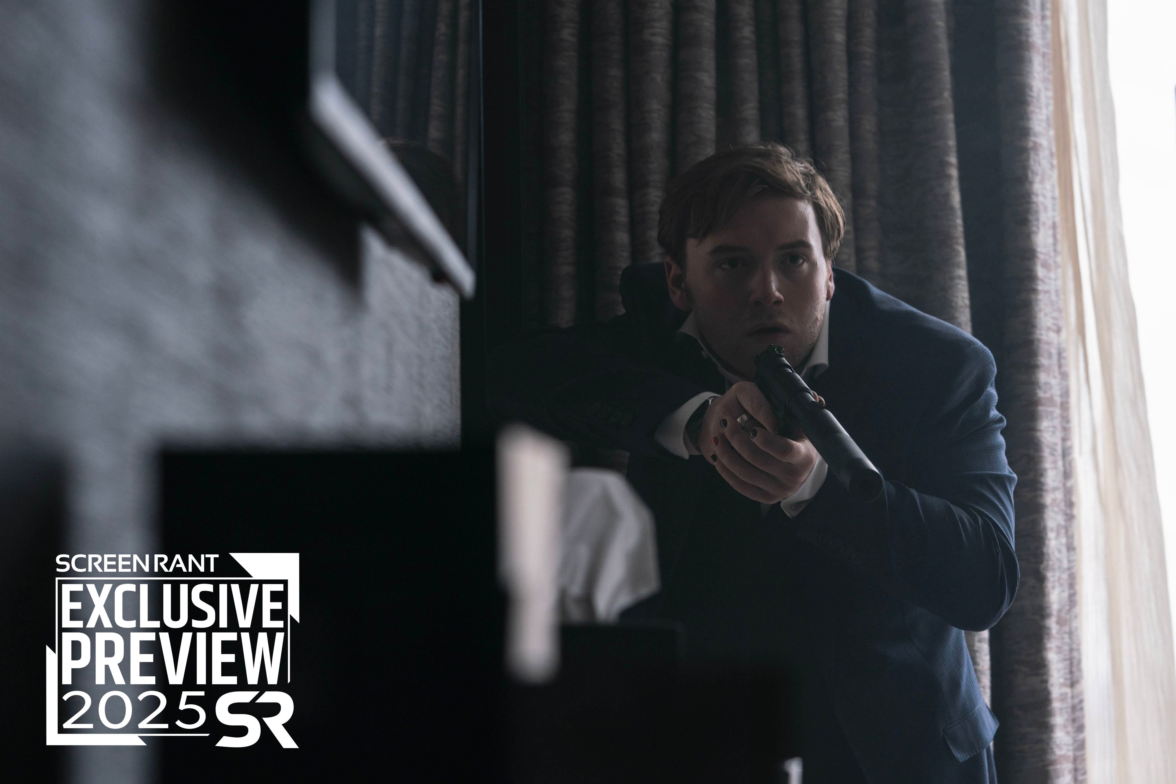 Cooper Hoffman with his gun pointed in Old Guy 2025 Movie Preview Exclusive Still Image