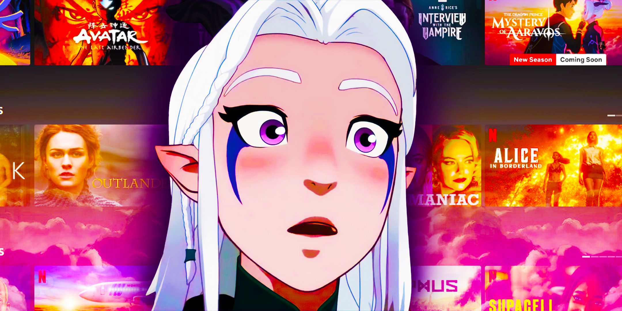 Rayla from The Dragon Prince looking shocked in front of an image of shows on Netflix