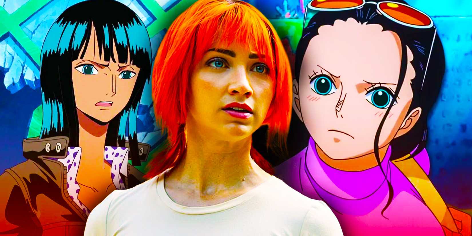 Custom image of anime Robin and live-action Nami in One Piece