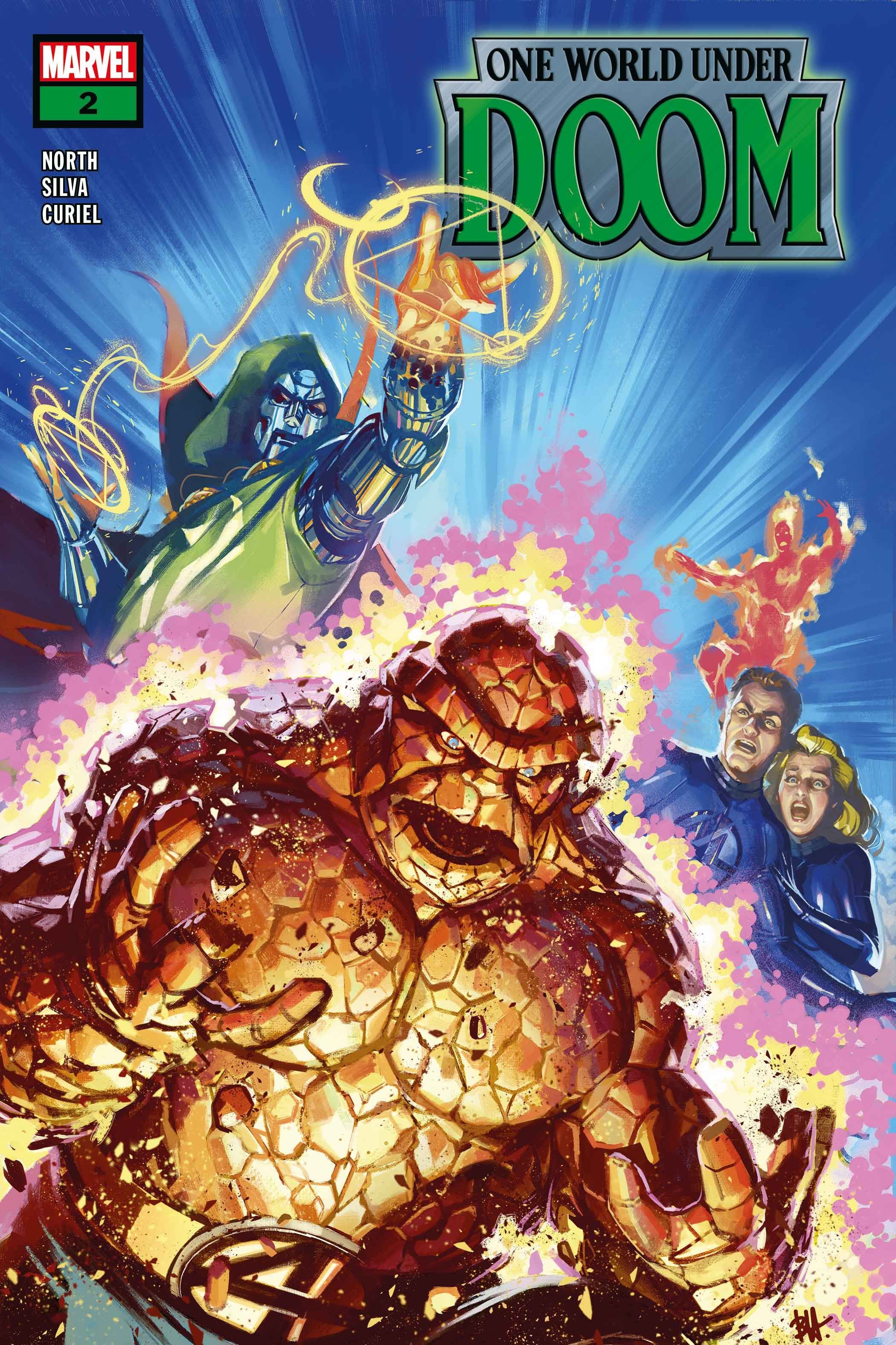 A capa de One World Under Doom 2 mostra Doom lançando um feitiço no Quarteto Fantástico