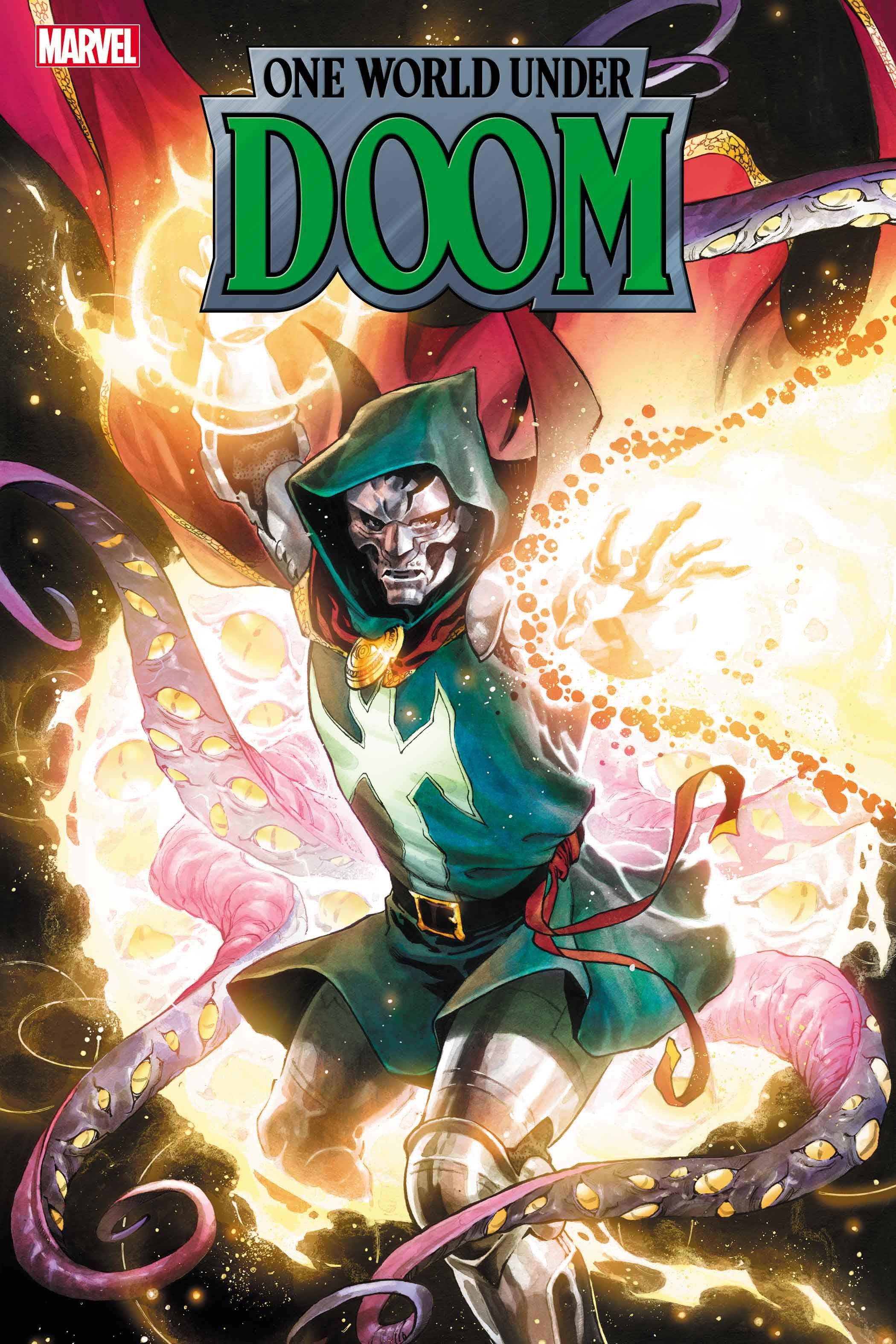 one world under doom opena variant cover, showing doom unleashing magic