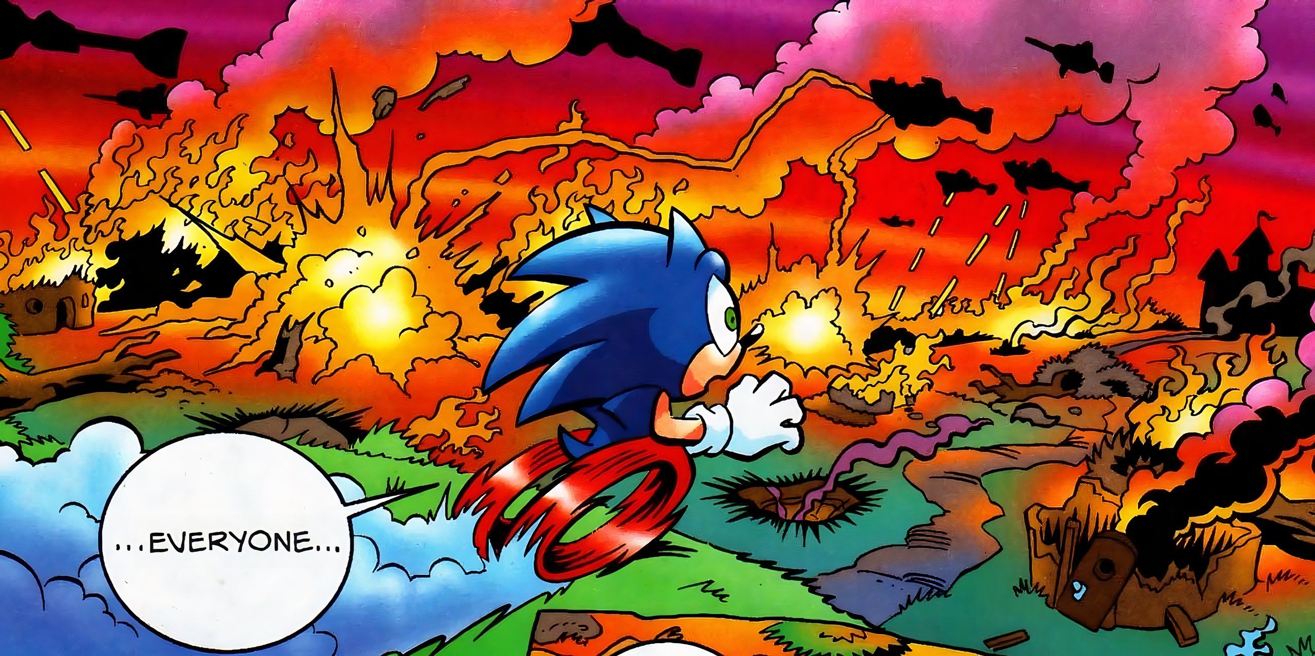 Comic book panel: Eggman commits mass genocide while Sonic can do nothing to help