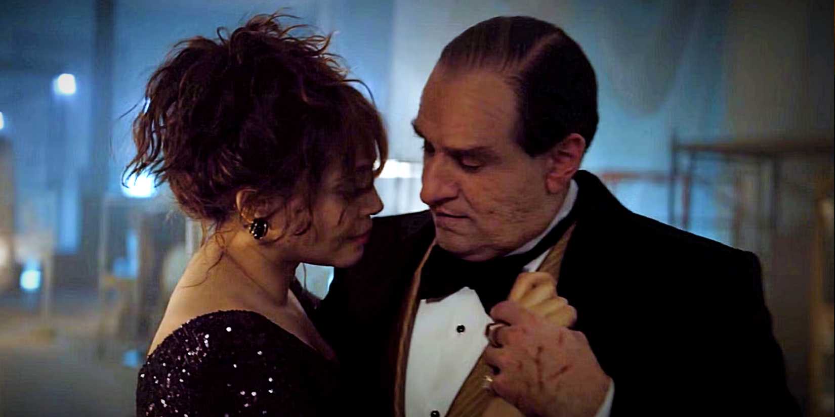 Oz Cobb dances with Eve Karlo as his mother Francis in The Penguin episode 8