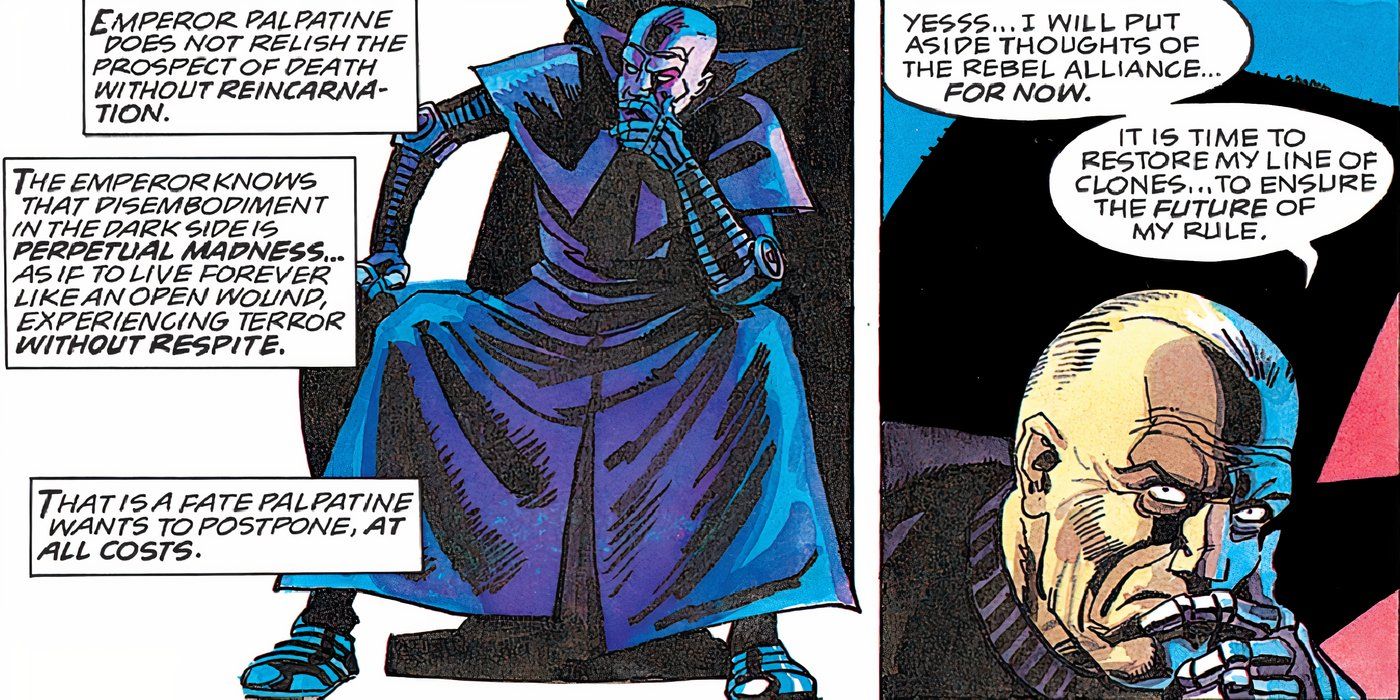 Palpatine contemplates Sith afterlife as he sits in his chair and talks about his clones