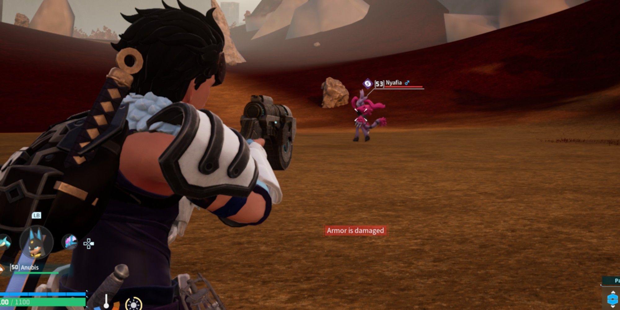 Palworld player aiming near nyafia in daytime.