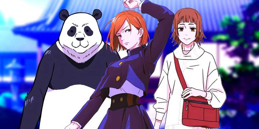 Panda, Nobara, and Ozawa standing side by side. Behind them, the Zenin Clan house can be seen.
