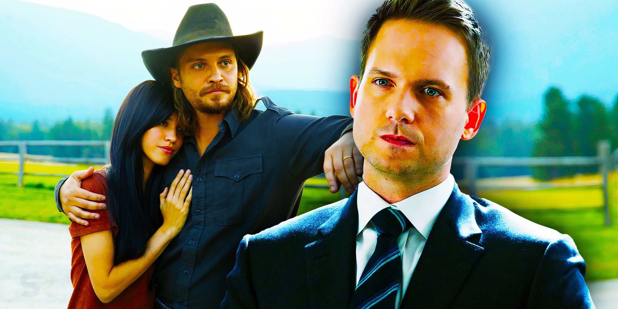 Kelsey Asbille as Monica Long Dutton and Luke Grimes as Kayce Dutton in Yellowstone, and Patrick J Adams as Mike Ross in Suits.