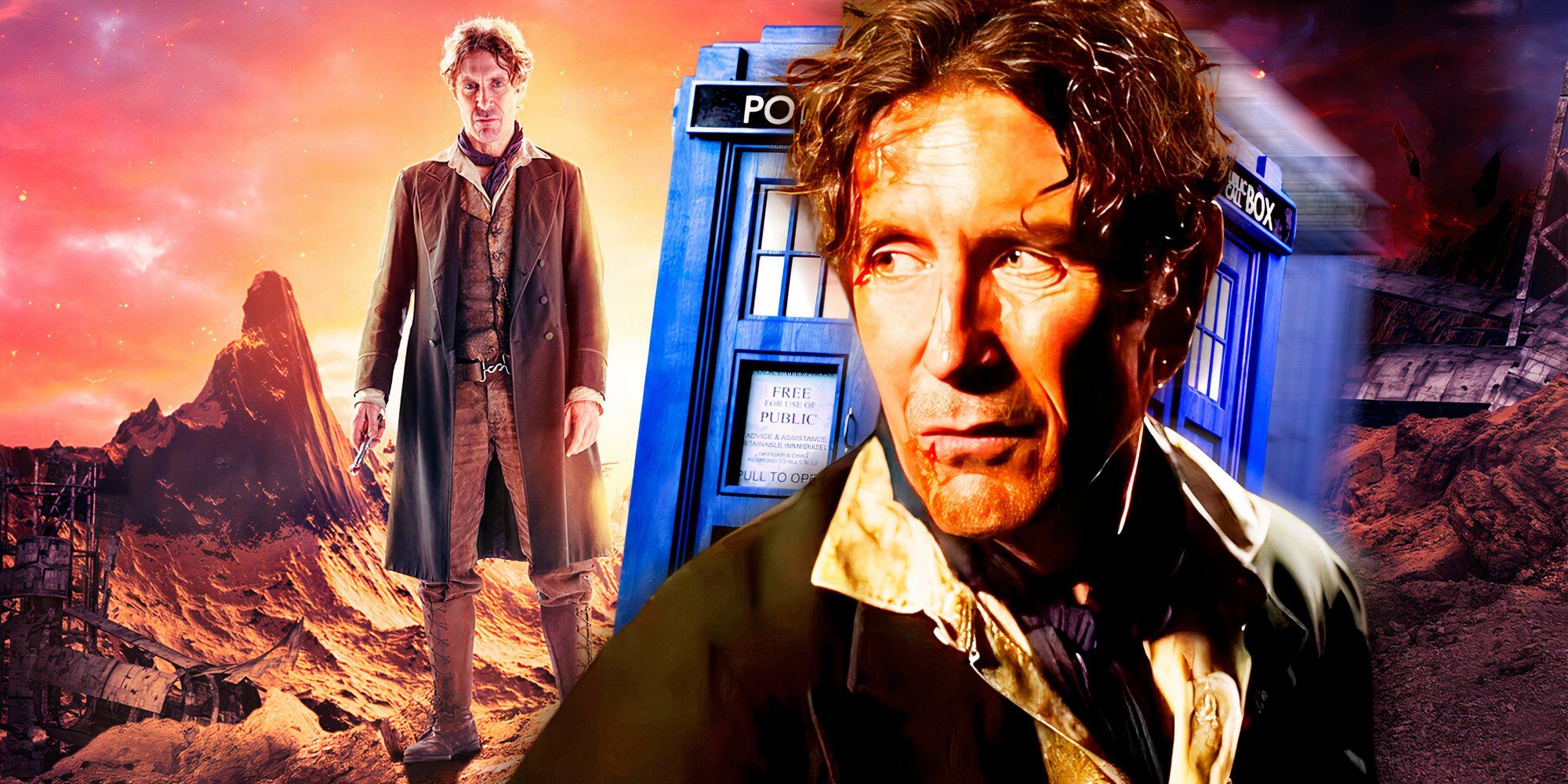 Paul McGann as The Eighth Doctor from Doctor Who in front of the Tardis.