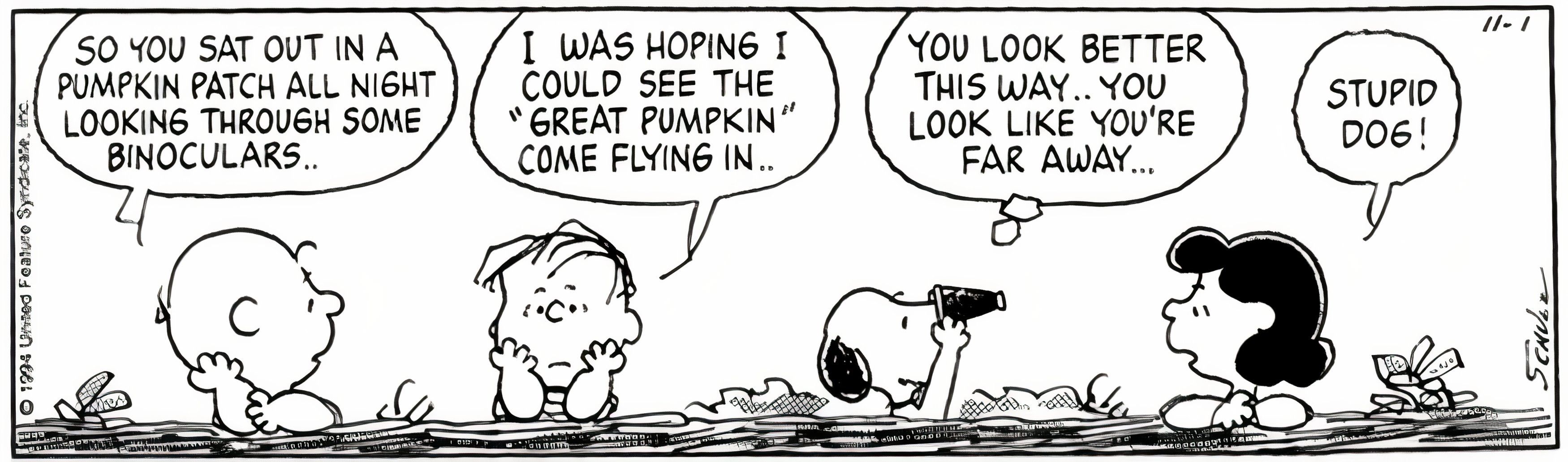 Peanuts, November 1994, Charlie Brown and friends search for the Great Pumpkin with binoculars while Snoopy mocks Lucy