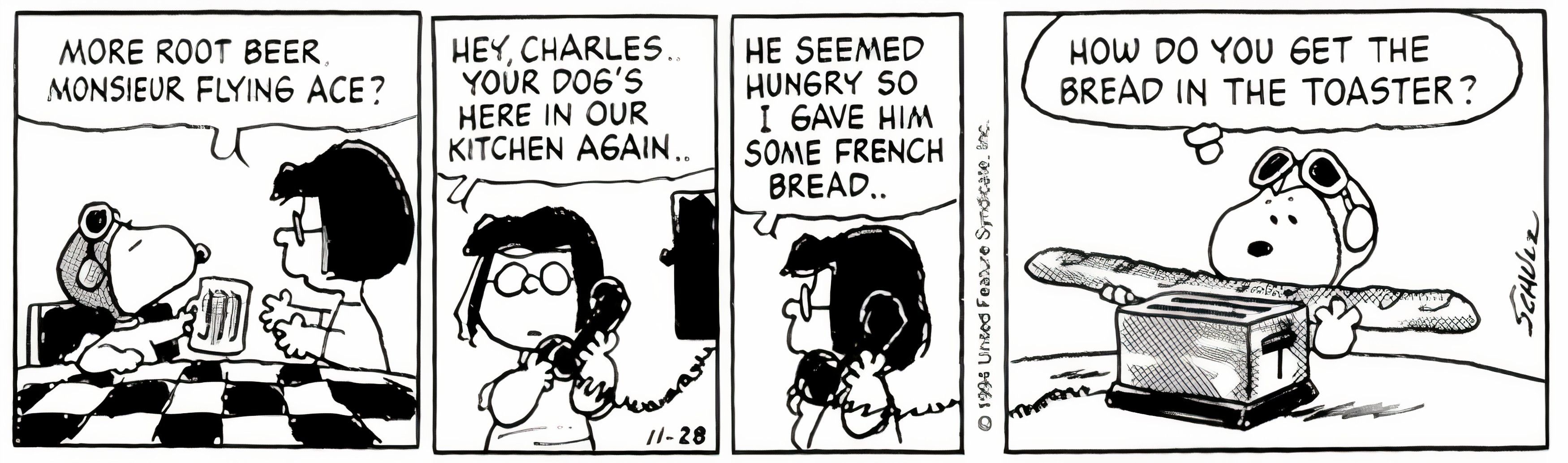 Peanuts, November 1994, Marcie gives Snoopy French bread and he doesn't know how to put the baguette in the toaster