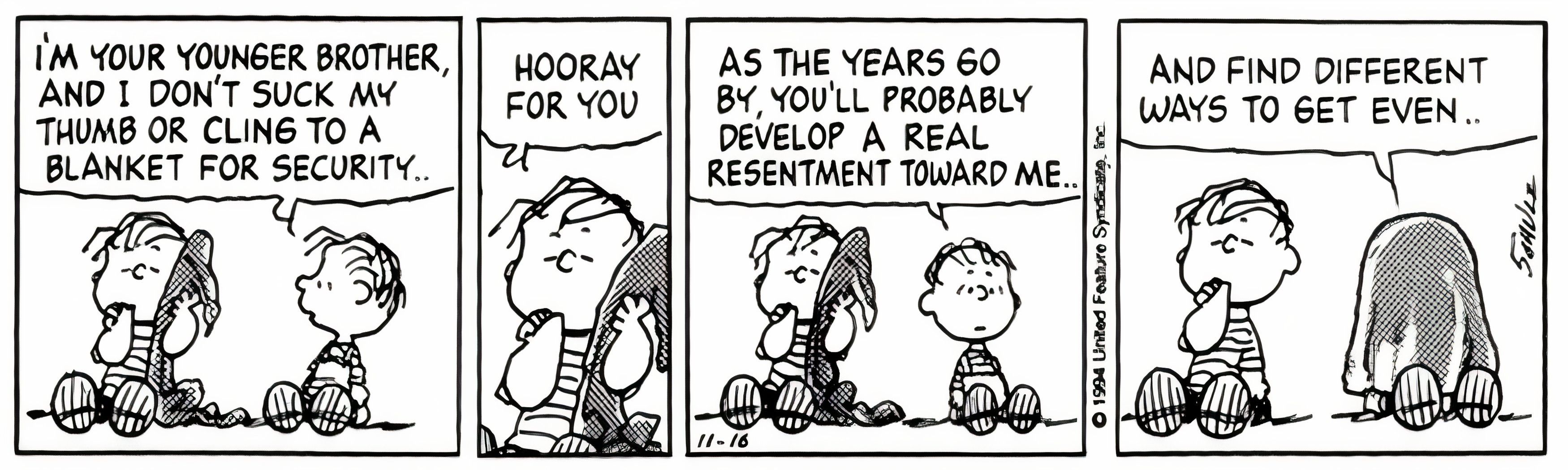 Peanuts, November 1994, rerun comments on how he doesn't need a security blanket like Linus and Linus throws his blanket over him