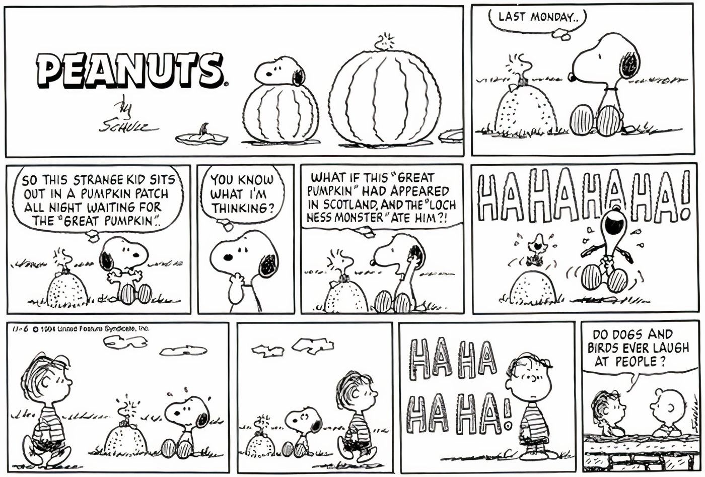 Peanuts, November 1994, Snoopy and Woodstock laugh at Linus over the Great Pumpkin