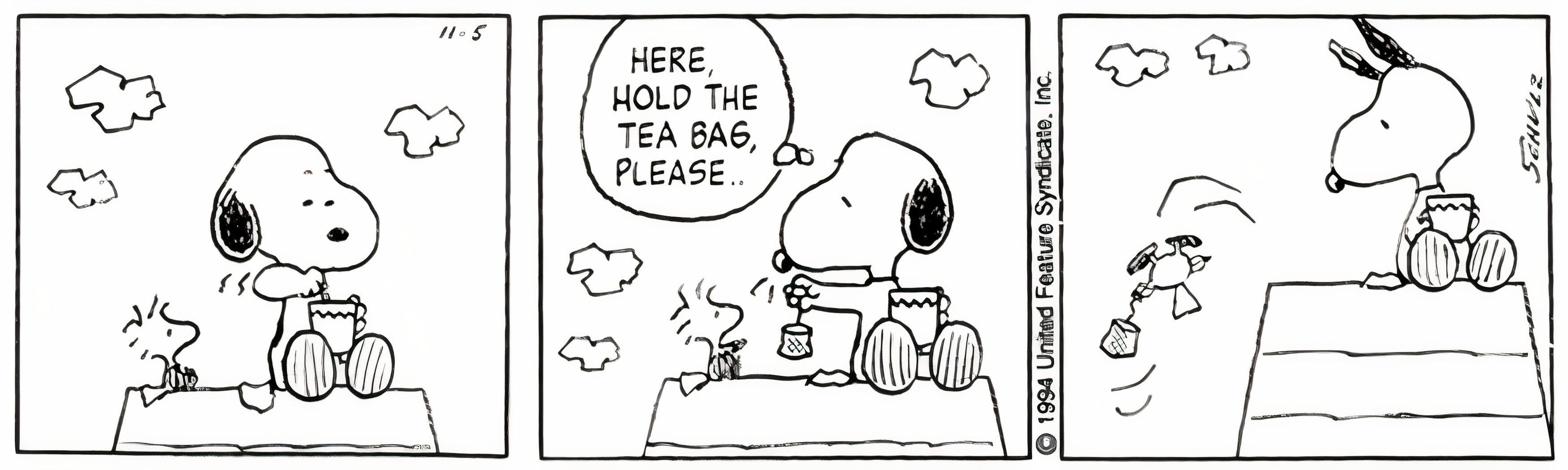 Peanuts, November 1994, Snoopy gives Woodstock a tea bag and he falls holding it