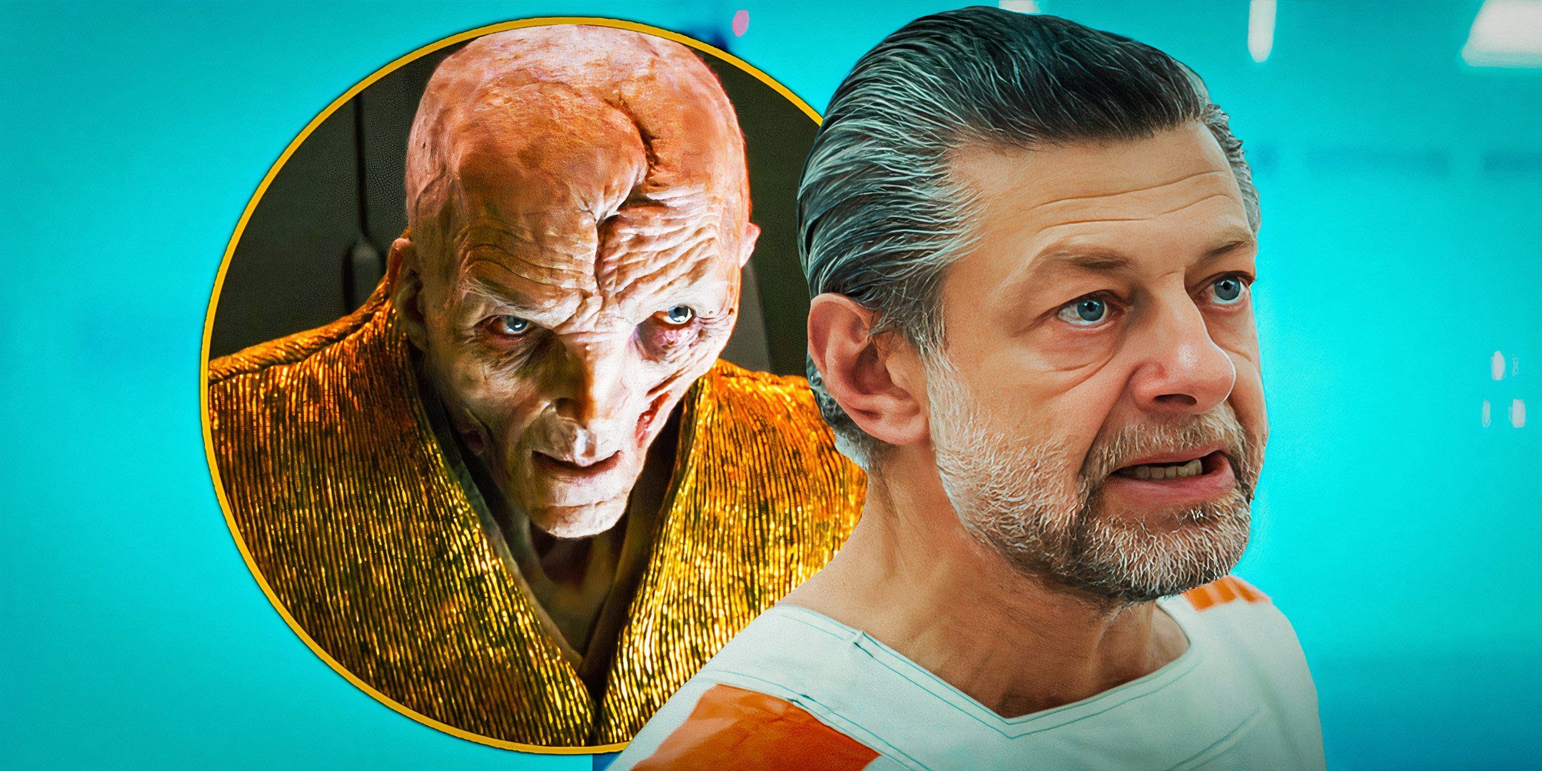 Kino Loy (Andy Serkis) looks serious as he converses with someone, edited over Snoke smirking from his throne.