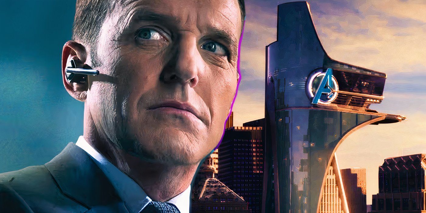 Live-action Phil Coulson looking offscreen with the MCU&rsquo;s Avengers Tower to the right next to him