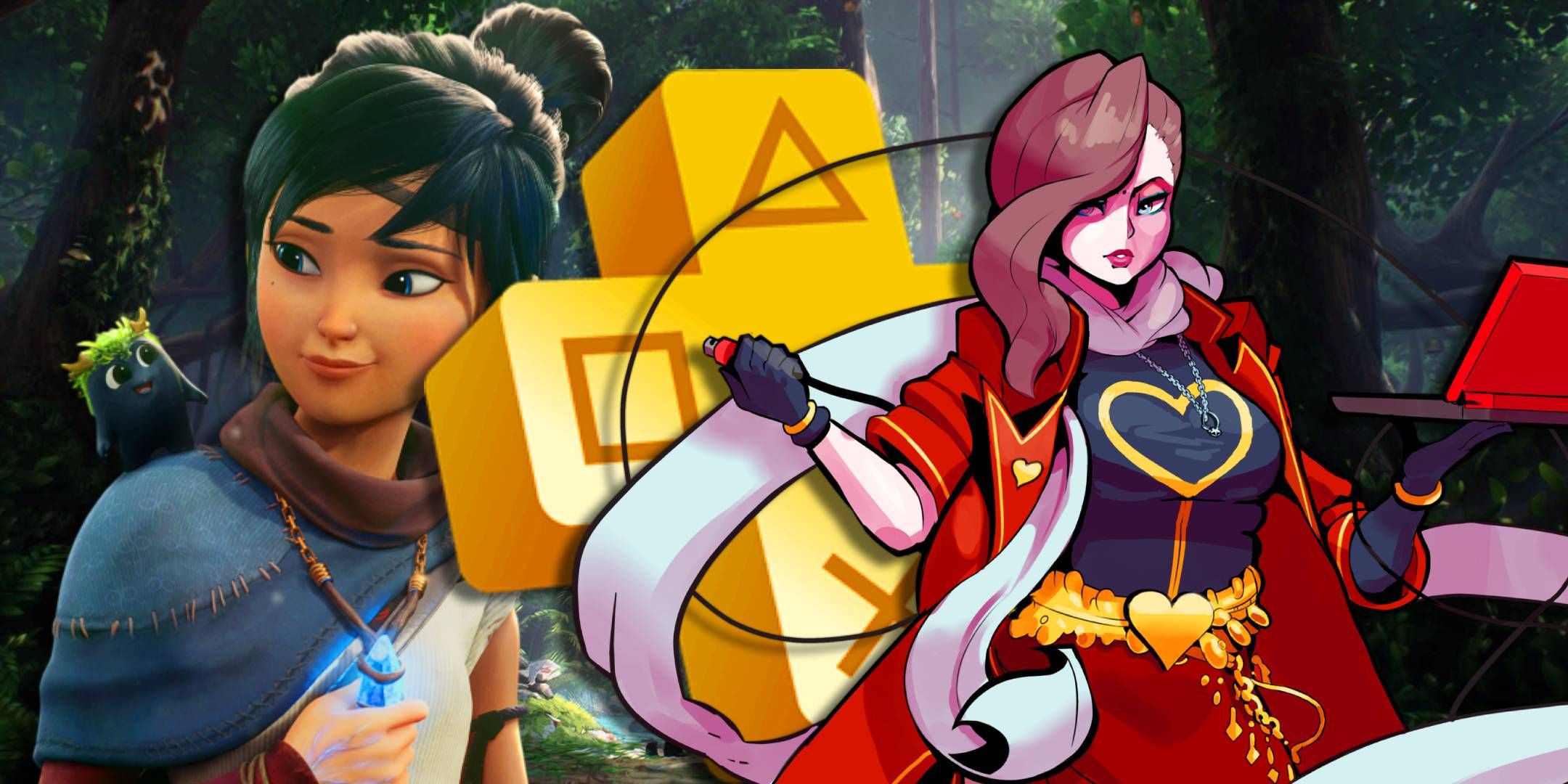 Kena from Kena Bridge of Spirits on the left behind the PlayStation Plus logo next to the protagonist from Paradise Killer.