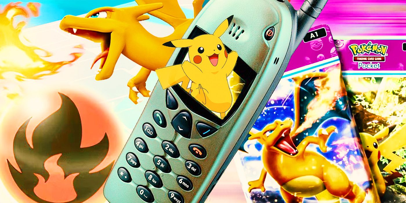 Pokémon TCG Pocket imagery surrounding an old-school cell phone with Pikarchu coming out of its screen.