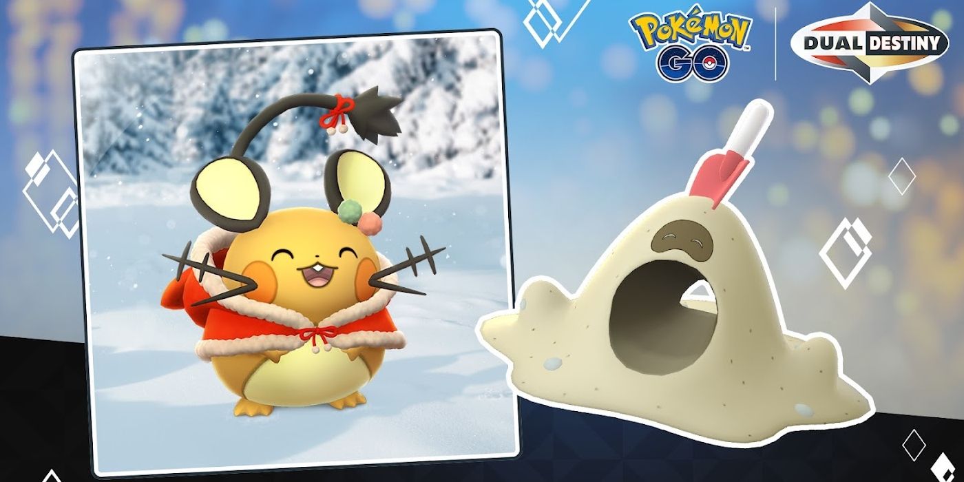 Arte principal do Pokémon GO para o evento Holiday Part 1 com Dedenne e Sandygast