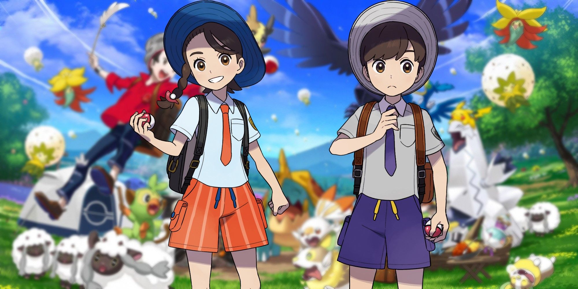 Pokémon protagonists Juliana and Florian in front of a blurred picnic scene from Pokémon Sword and Shield's Galar.