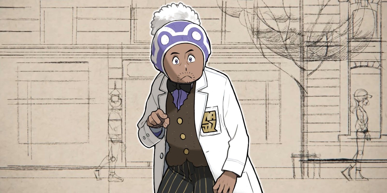 Professor Laventon diante de um esboço de Lumiose City mostrado no trailer de revelação de Pokémon Legends: ZA.