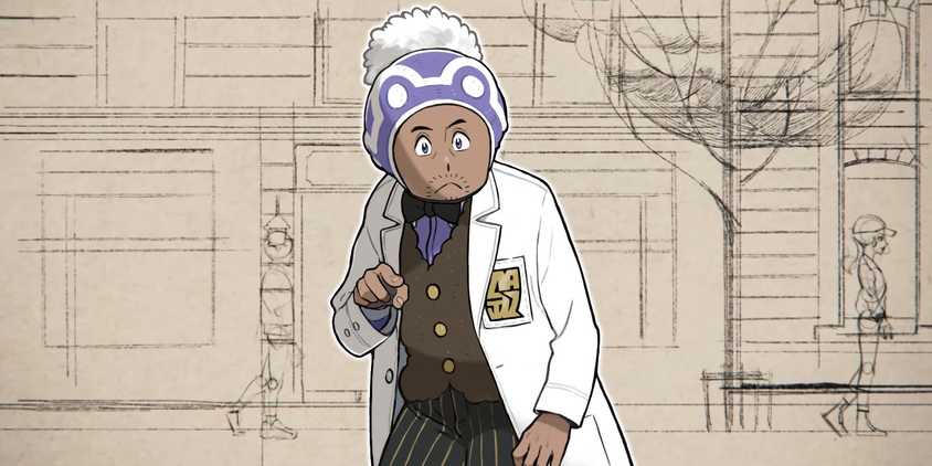 Professor Laventon in front of a sketch of Lumiose City shown in the reveal trailer for Pokémon Legends: Z-A.