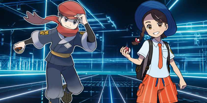 Pokémon protagonists Rei and Juliana in front of the wireframe Lumiose City shown in the first Pokémon Legends: Z-A​​​​​​​ trailer.