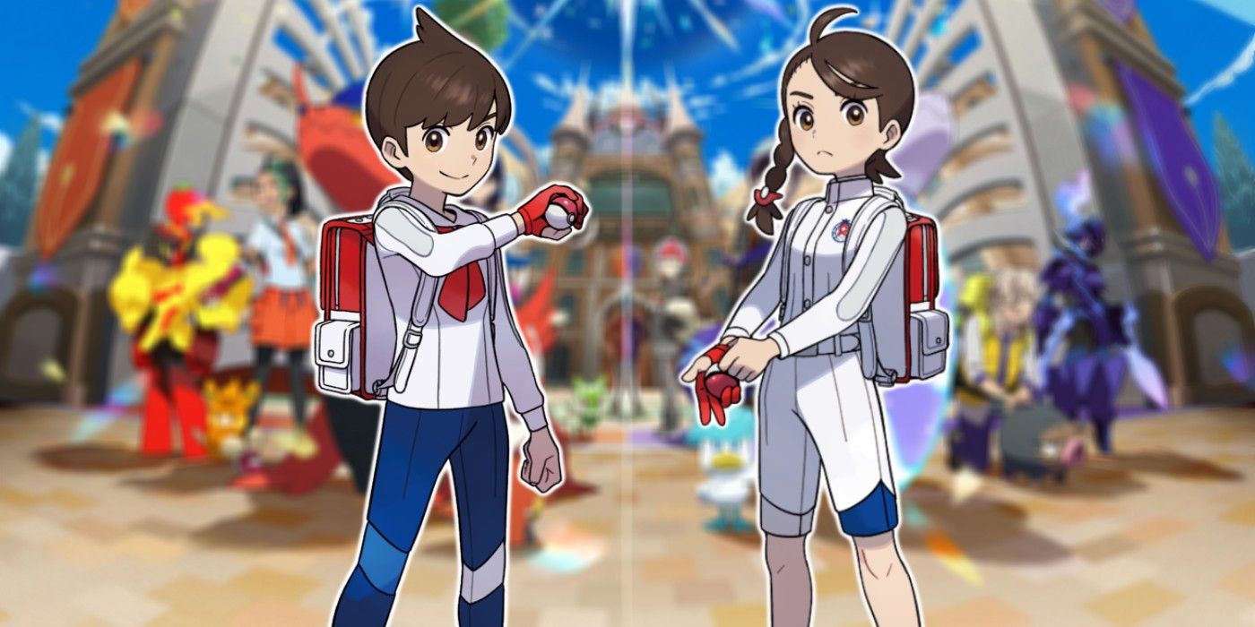 The Pokémon Scarlet and Violet protagonists wearing their Blueberry Academy uniforms with blurred key art featuring the Games' Academy in the background.