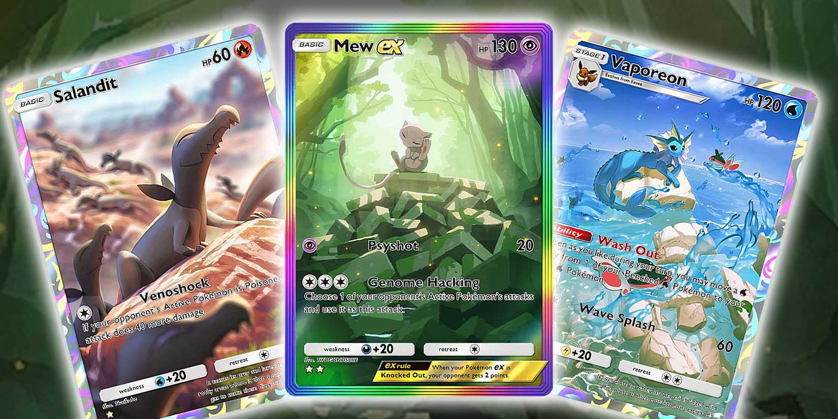 Mew ex, salandit, and vaporeon from Mythical Island