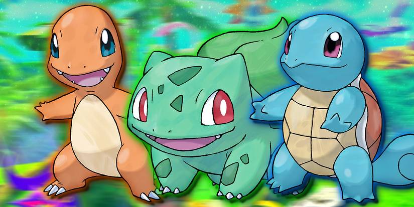 Pokemon's Charmander, Bulbasaur, and Squirtle smile next to each other.
