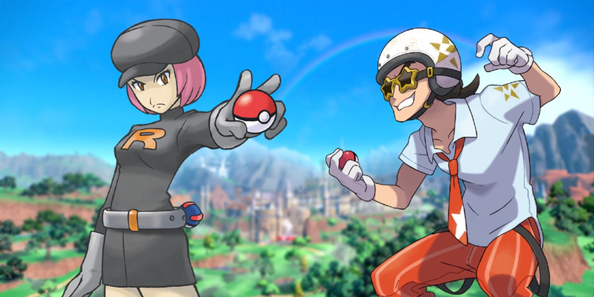 A Team Rocket and Team Star grunt with scenery from Pokémon&rsquo;s Paldea region in the background.