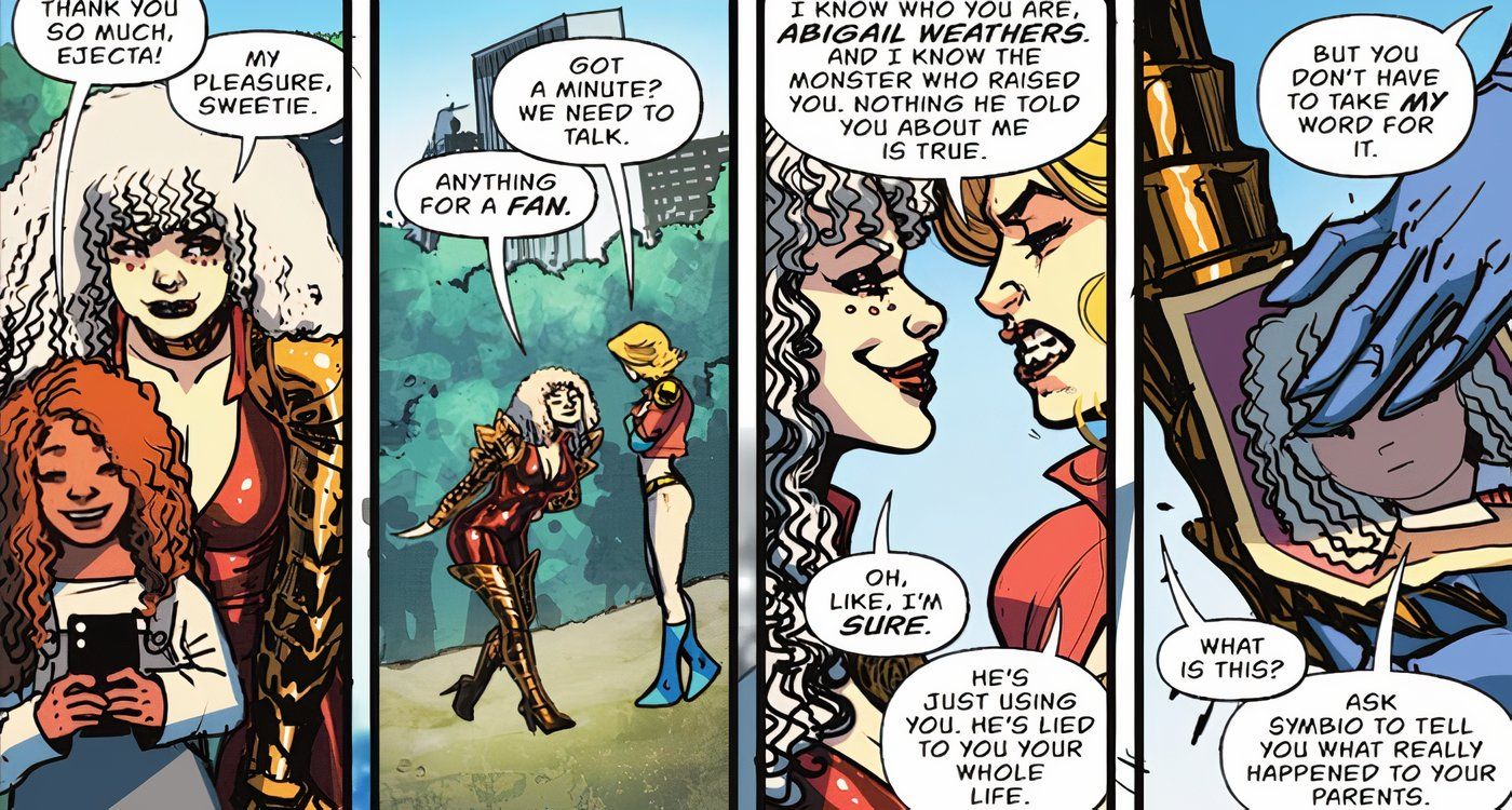 Comic book panels: Power Girl confronts Ejecta about Symbio as she&rsquo;s taking pictures with fans