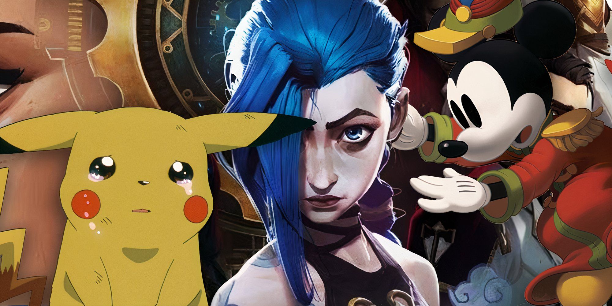 Jinx from Arcane surrounded by Pikachu and Mickey Mouse