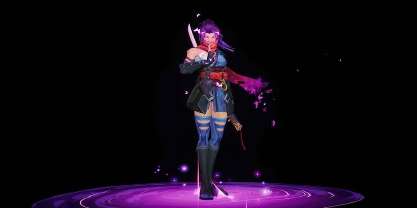 Psylocke posing In Marvel Rivals, above a purple portal, against a black backdrop.