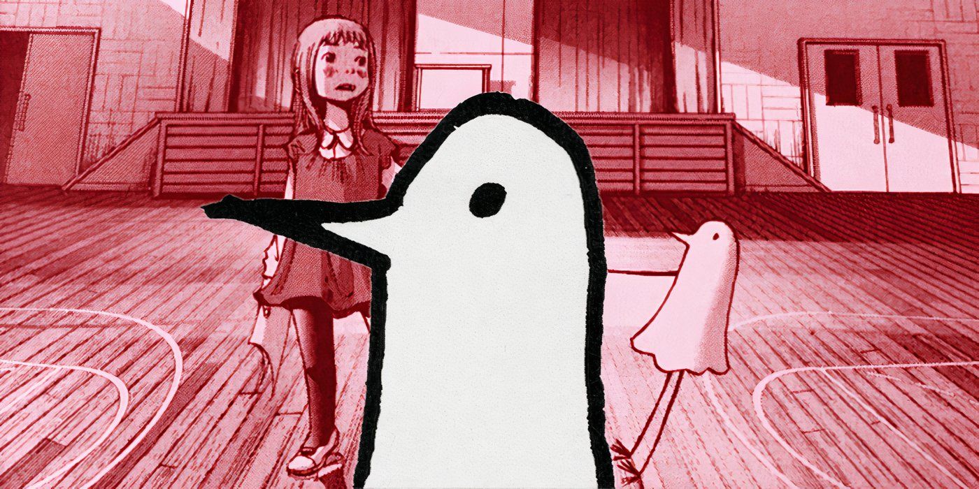 Punpun with a panel of himself and Aiko behind him from Goodnight Punpun.