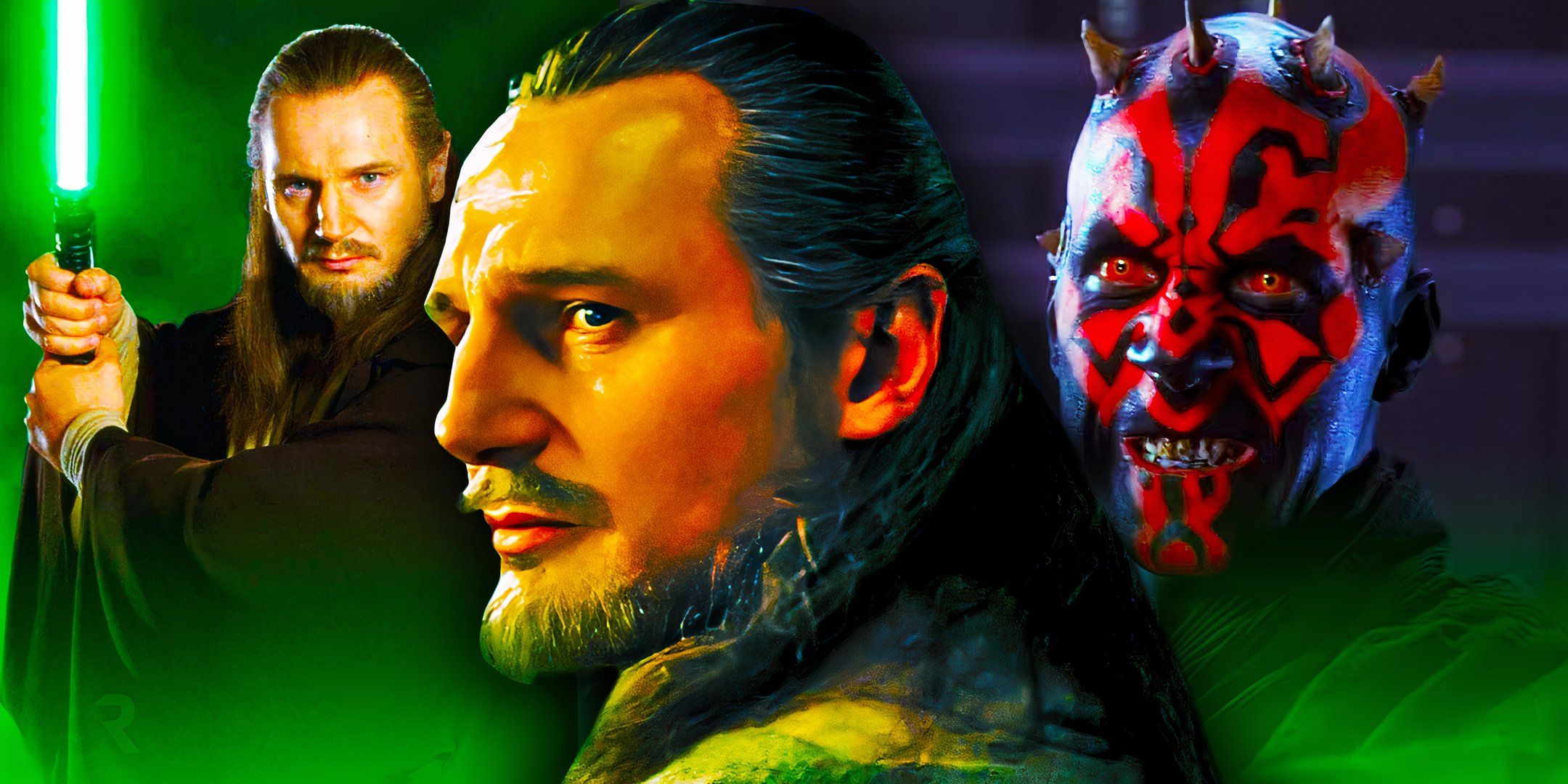 Qui Gon Jinn (Liam Neeson) looks over his shoulder, edited over Qui-Gon wielding his lightsaber and Darth Maul (Ray Park Jr.) sneering.