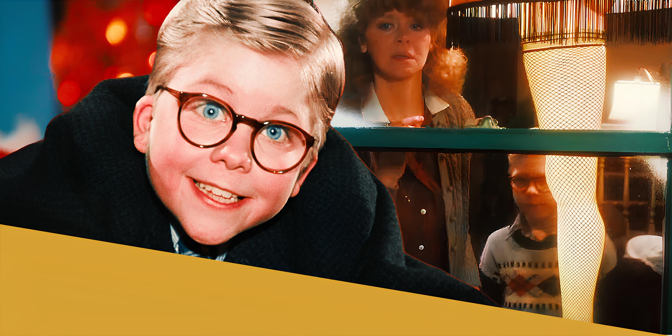 Ralphie smiling in A Christmas Story, and an image of the leg lamp prop from the film
