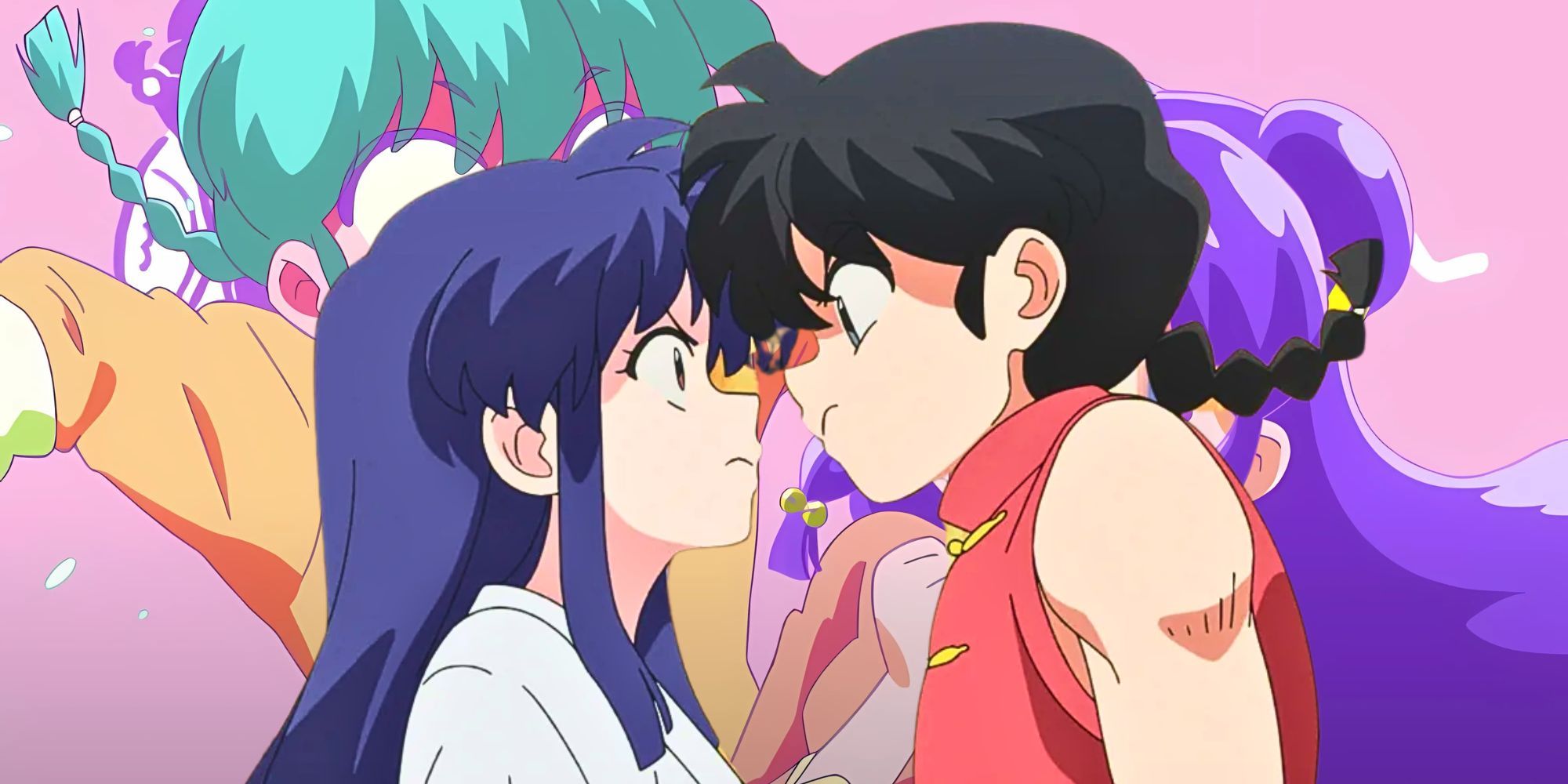 Ranma e Akane se entreolharam com irritação e olhares raivosos. E a versão feminina do Ranma e Shampoo ao fundo.