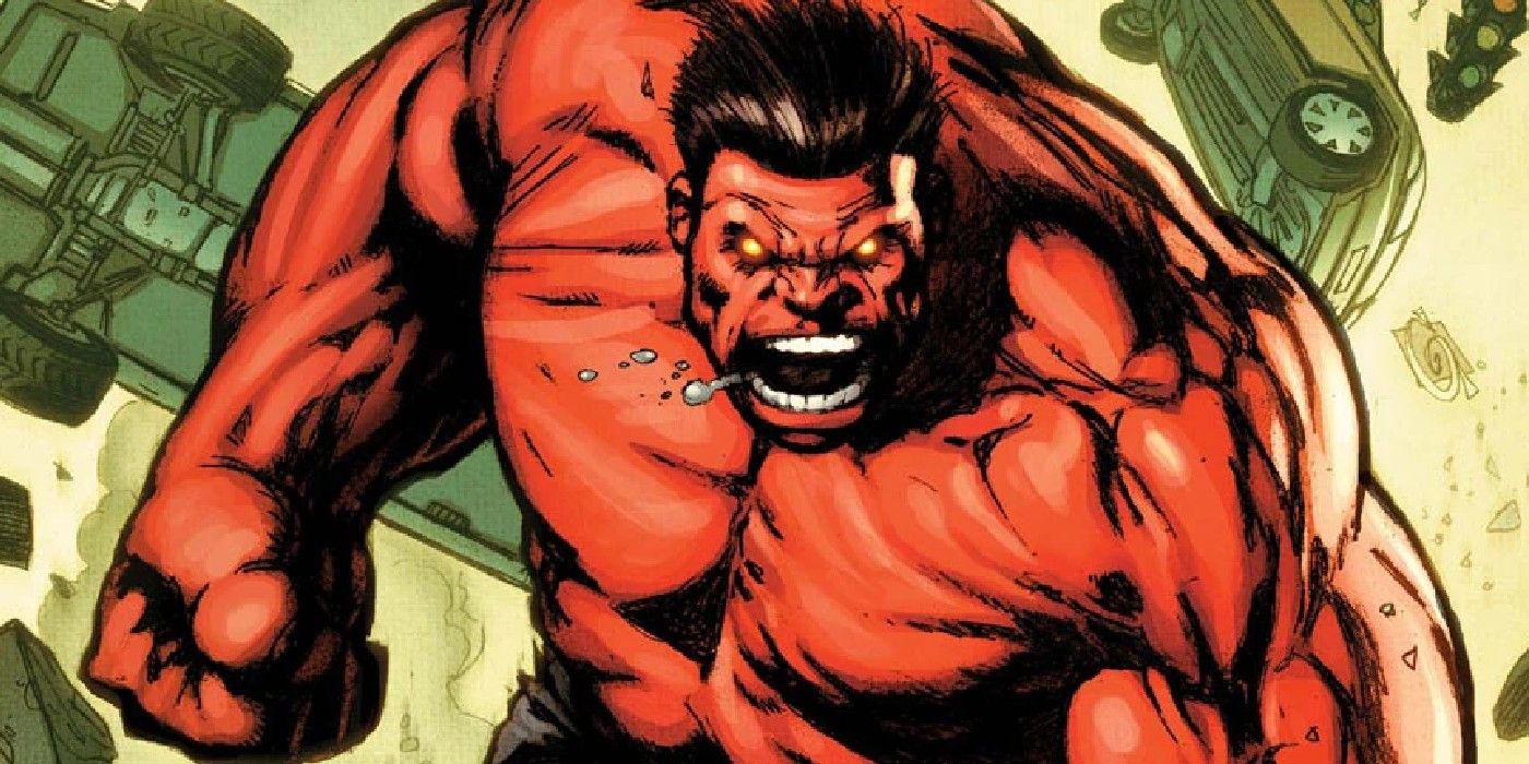 Red Hulk charges in and throws cars out of the way