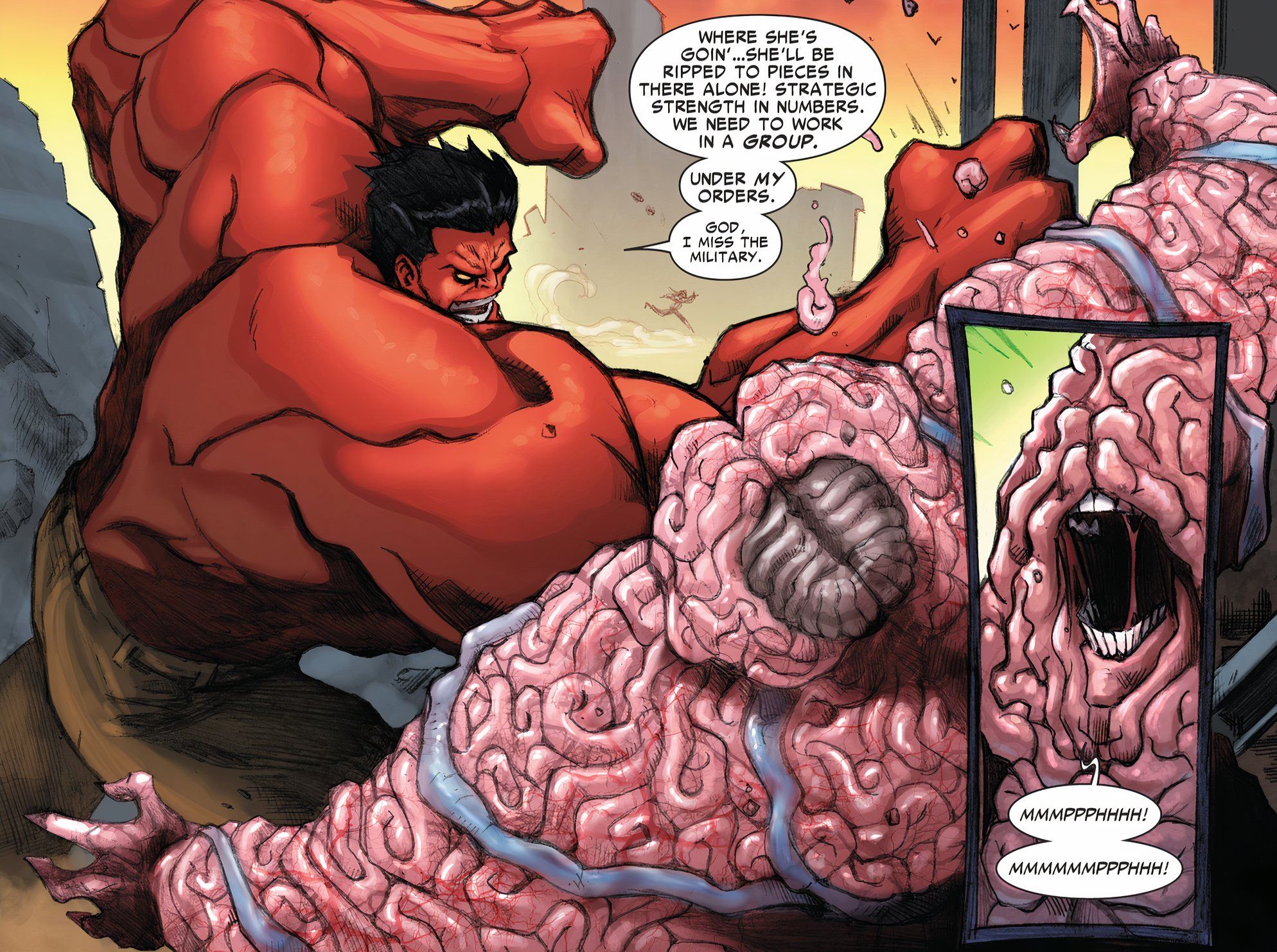 Red Hulk fights Encephalon, saying he misses the military