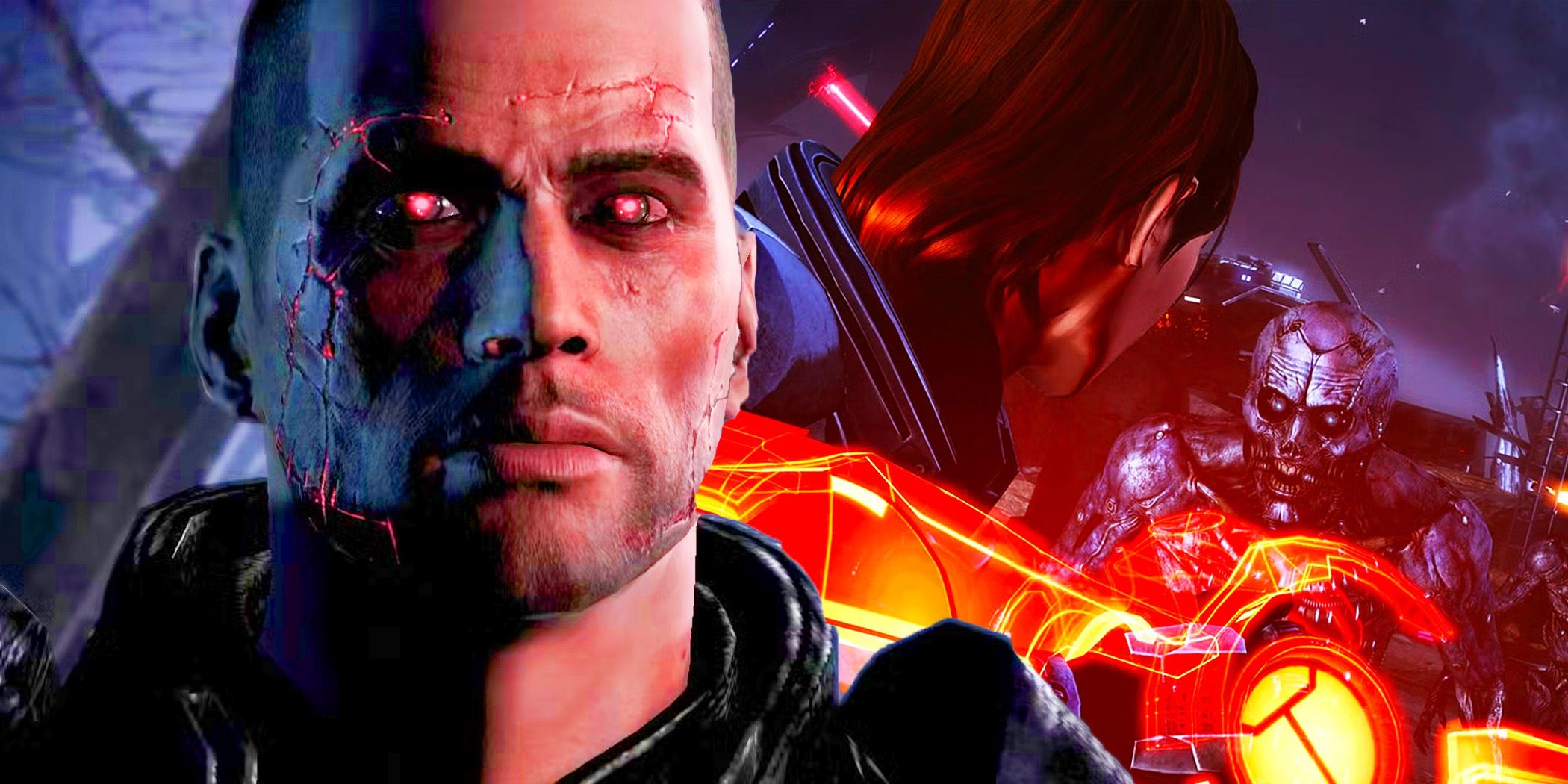 Renegade from Mass Effect with Mass Effect Shepard with the Omni-BLade facing down enemies