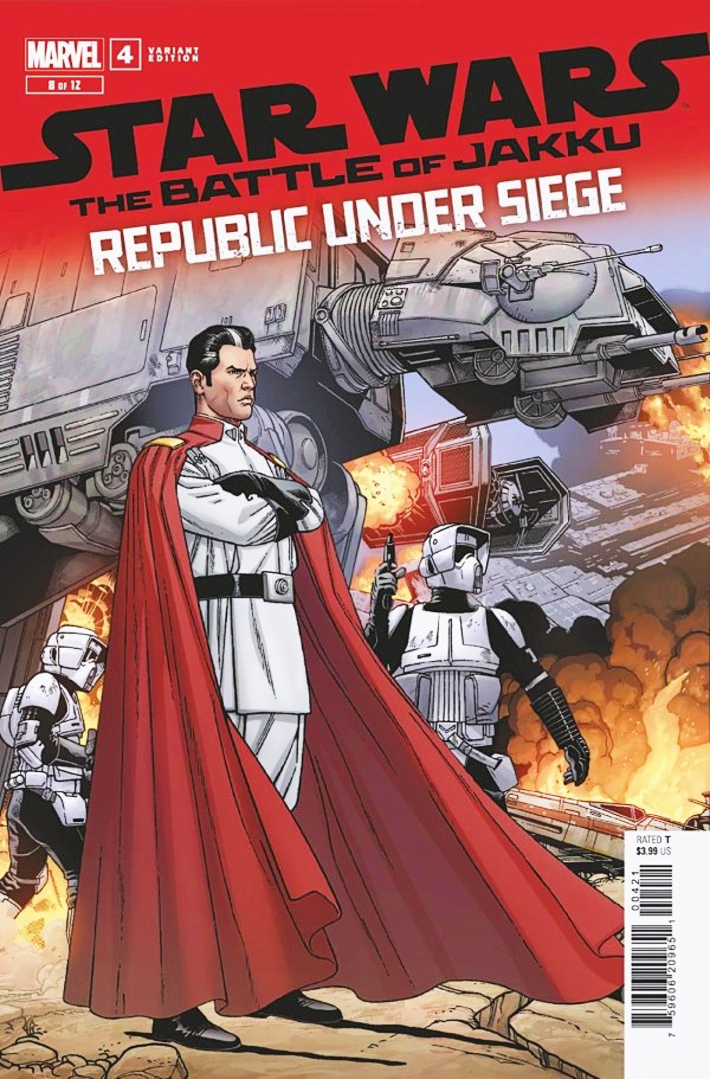 Capa da Republic Under Siege #4, um oficial Imperial vestido de vermelho com tropas Escoteiras enquanto eles sitiam as forças da República-1