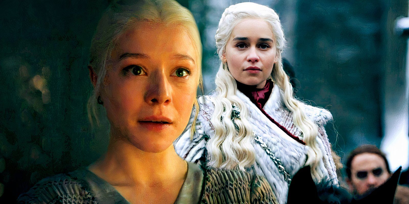 Rhaenyra speaking with Alicent in House of the Dragon while Daenerys enters Winterfell in Game of Thrones