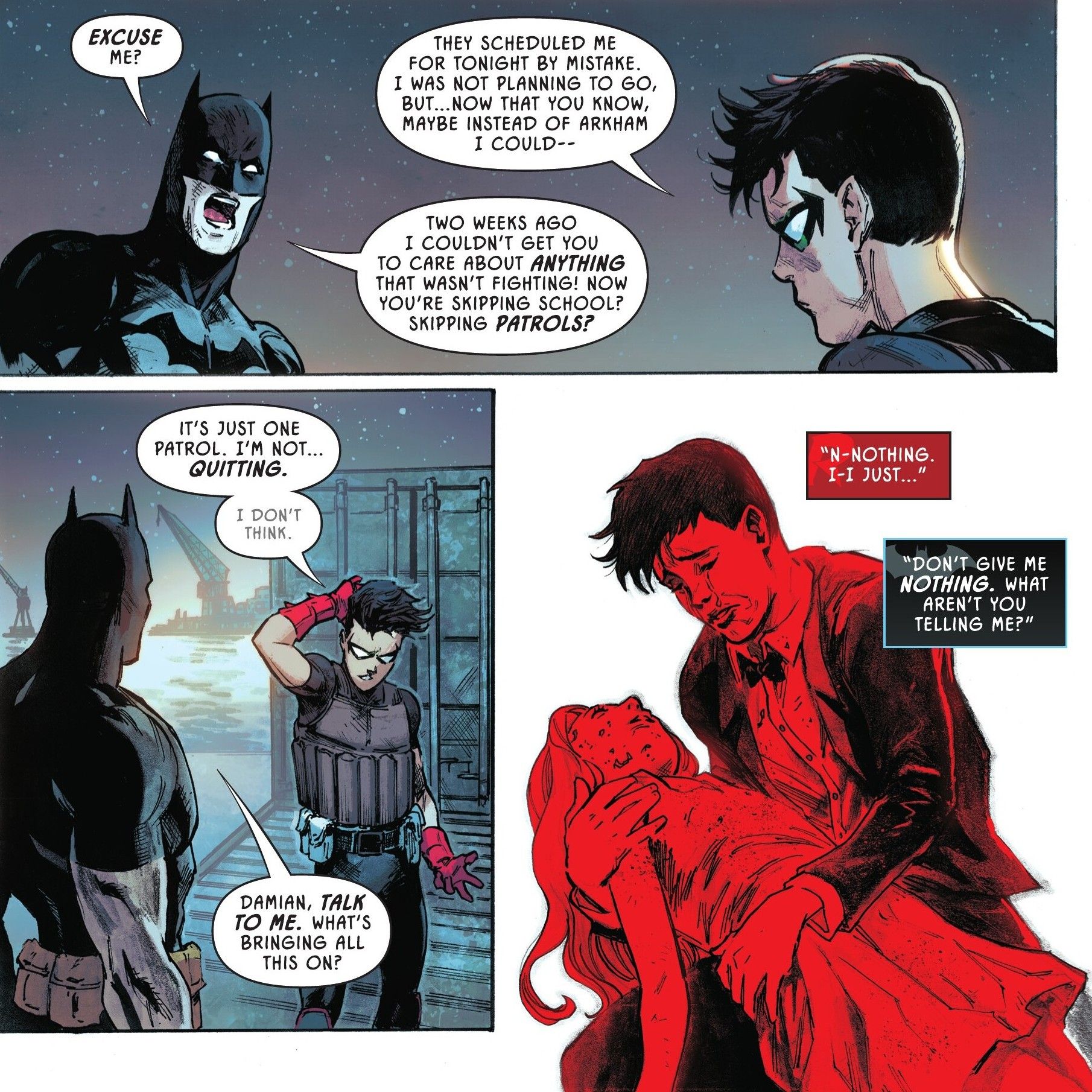 Painéis de quadrinhos: Batman e Robin Damian Wayne brigam sobre o futuro de Damian como super-herói.