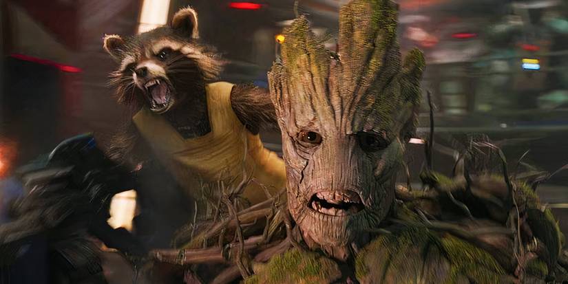 Rocket on Groot's shoulder in Guardians of the Galaxy