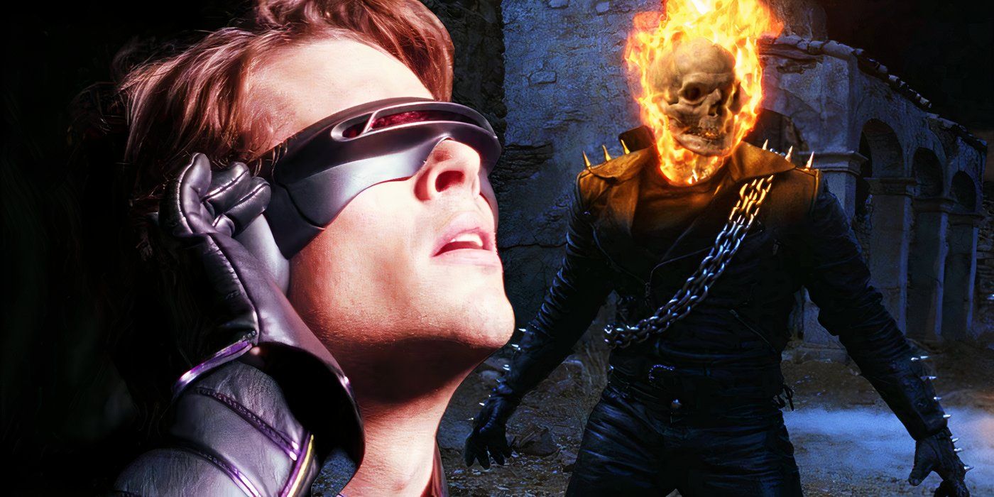 Split image of James Marsden as Cyclops in X-Men (2000) and Nicolas Cage as Ghost Rider in Ghost Rider (2007)