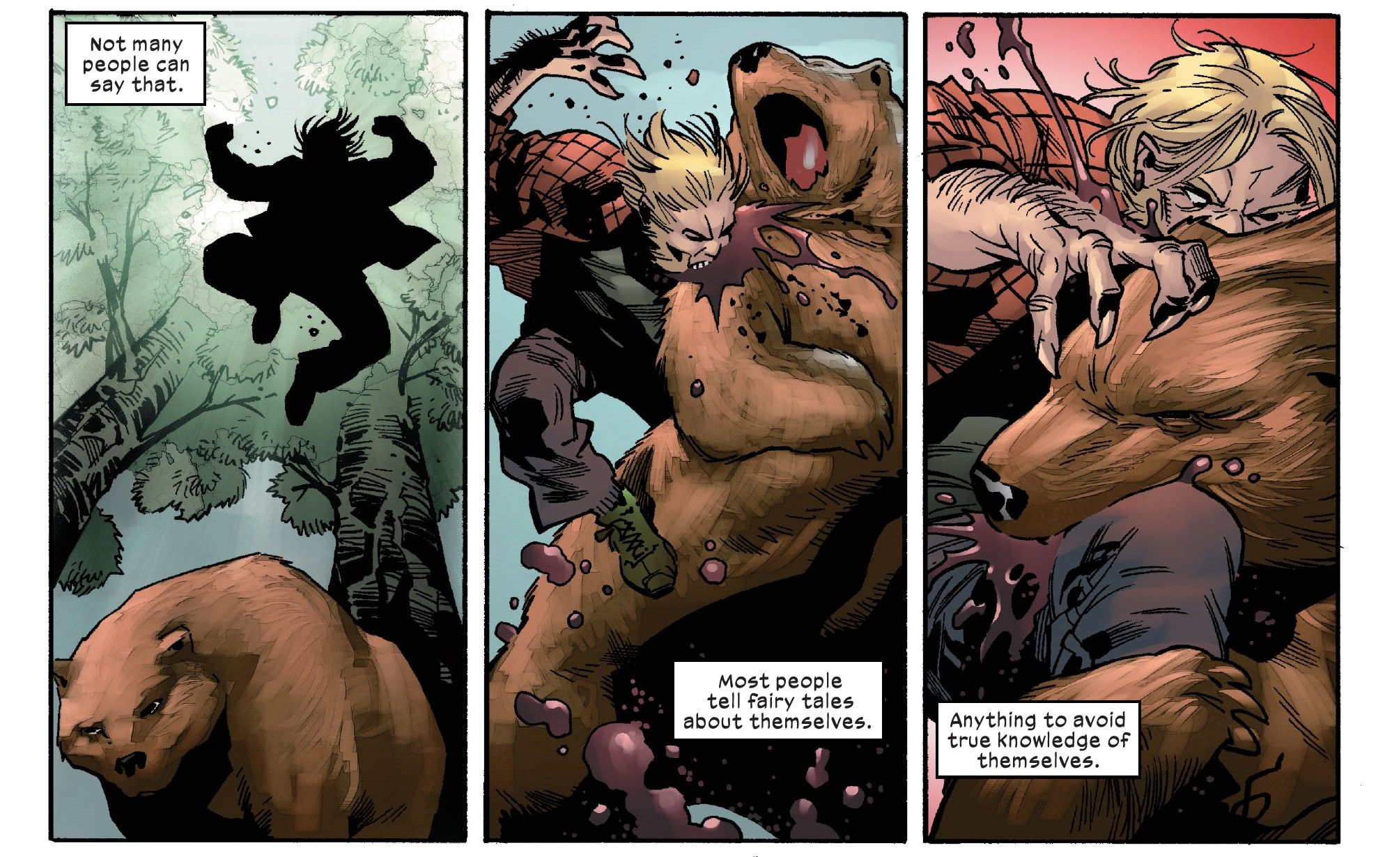 Sabretooth attacks a bear from the treetops.