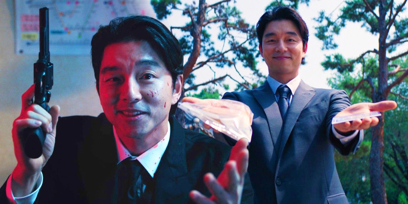 The Salesman (Gong Yoo) holding a gun and offering bread and lottery tickets in Squid Game season 2, episode 1